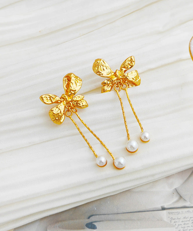 Gold Copper Pearl Bow Tassel Drop Earrings