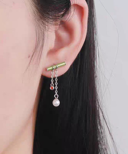 Fine Green Sterling Silver Inlaid Bamboo Leaf Pearl Water Drop Tassel Drop Earrings