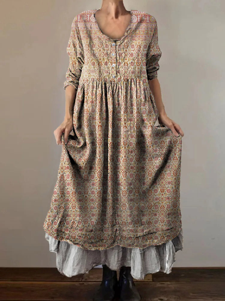 Women's Ethnic Tattoo Art Print V-Neck Button Pocket Cotton Dress