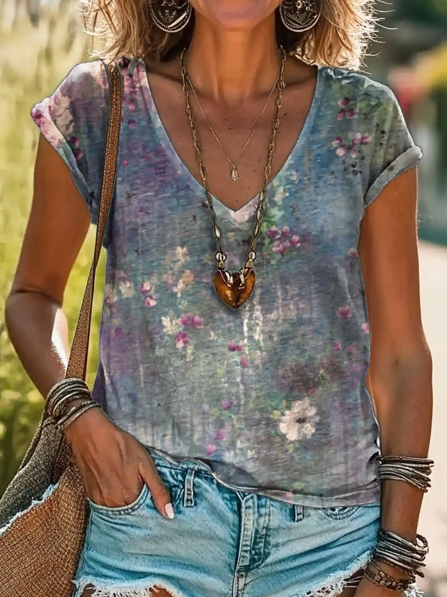Vintage Floral Art Print 100%Cotton V-neck T-Shirt
