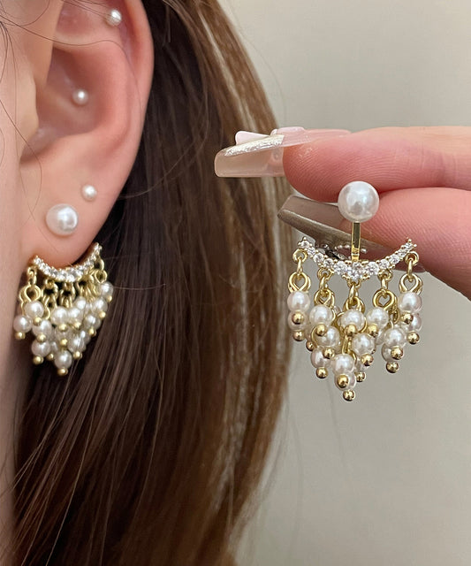 White Copper Alloy Acrylic Pearl Tassel Stud Earrings
