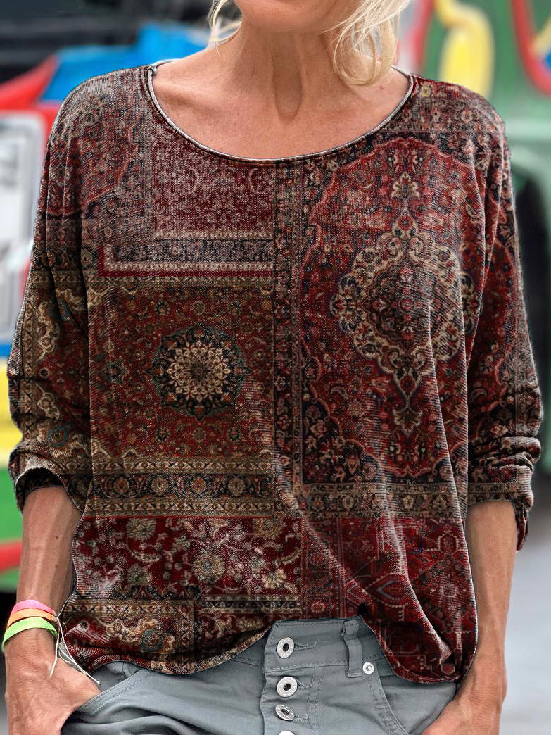 Red National Flower Patchwork pattern Women's Art Print Casual Long Sl