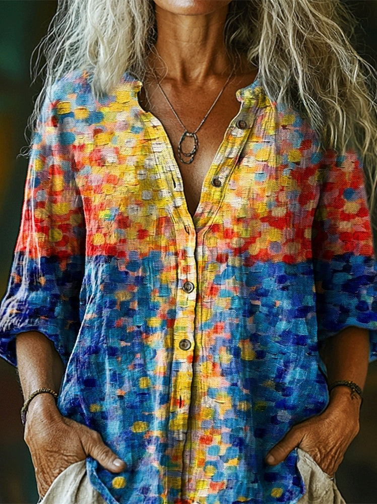 Women's Bohemian Landscape Art Pattern Print Casual Cotton Linen Shirt