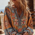 Bohemian Style Embroidered Flower Long-sleeved V-neck Bright Yellow Distressed Long-sleeved Top artswardrobe