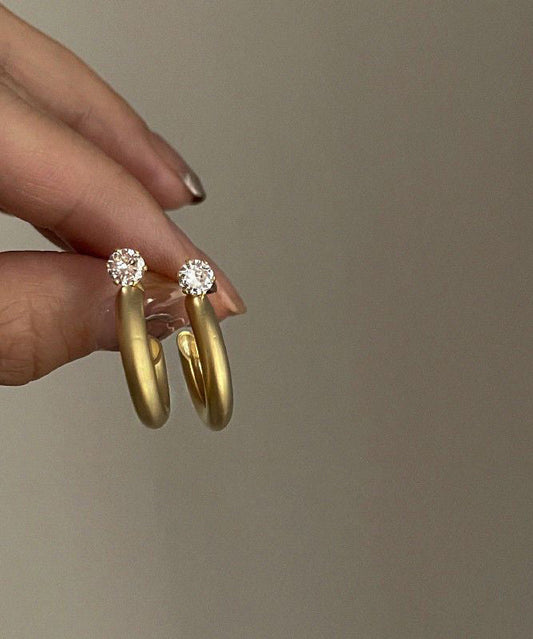 Brief Gold Metal Zircon C-shaped Hoop Earrings