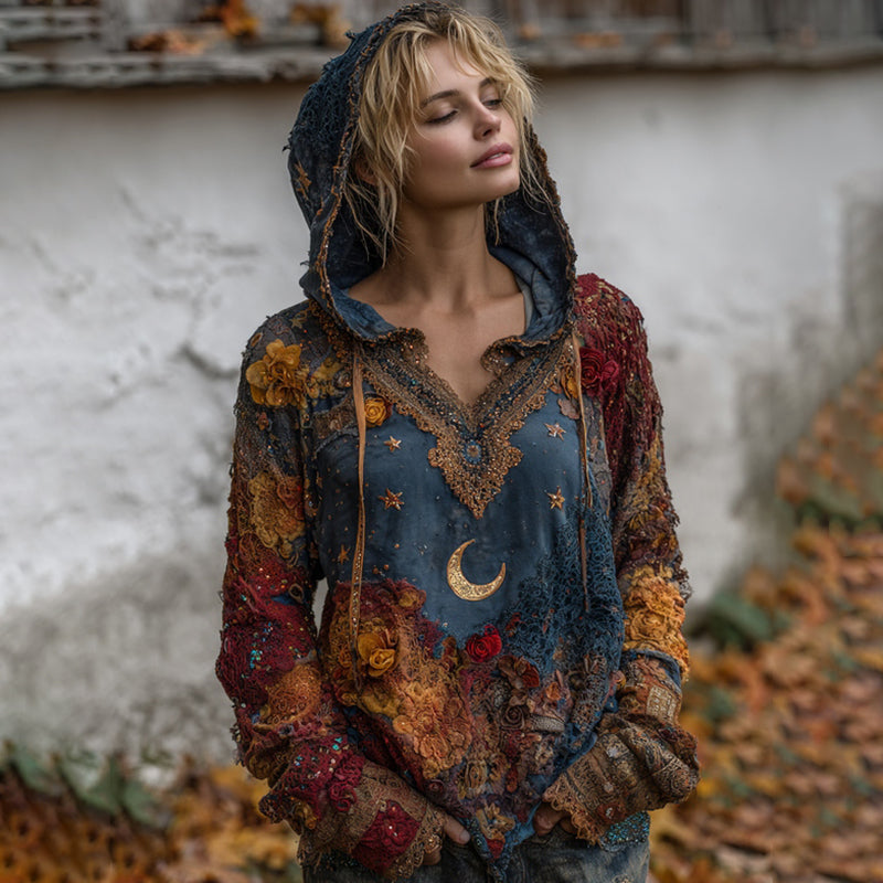 Comstylish Autumn Long-sleeved Embroidered Contrasting Color Hoodie