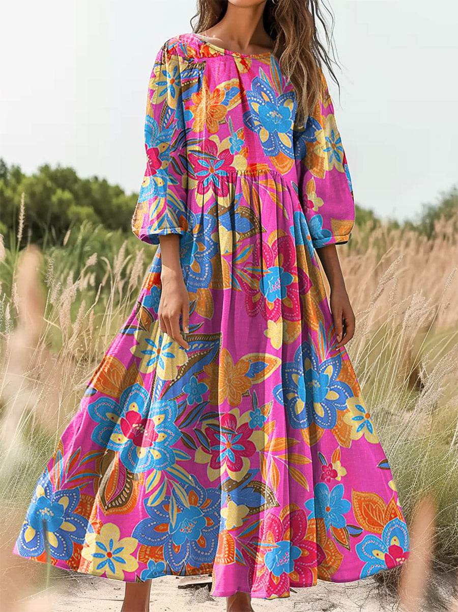 Women's Colorful Floral Art Print Round Neck Pocket Cotton Dress