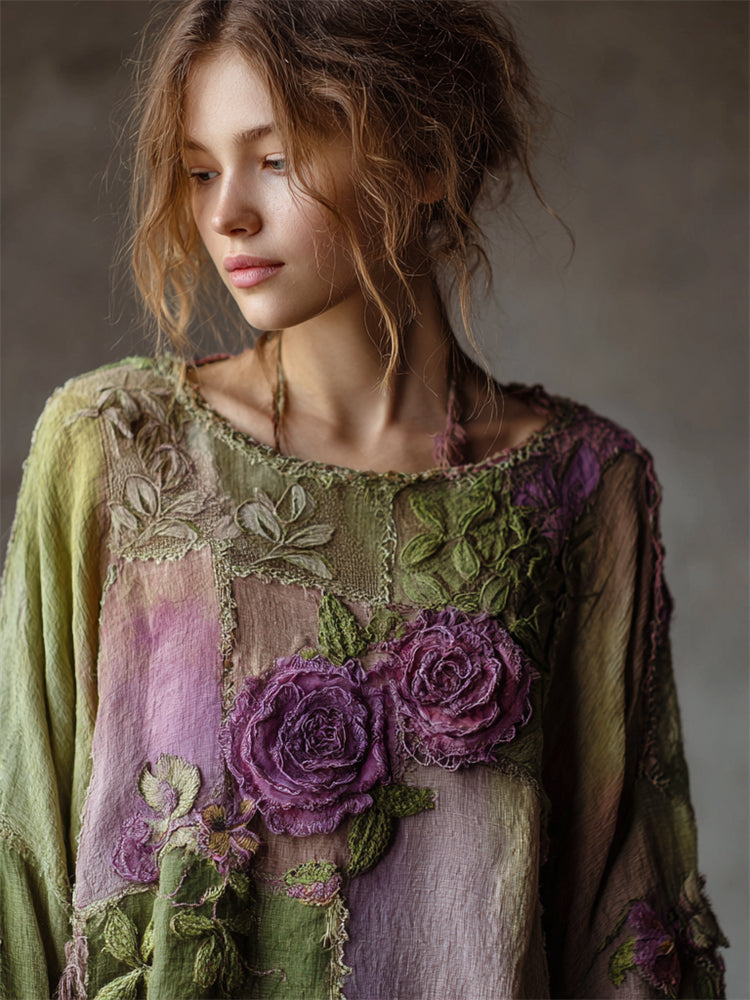 Comstylish Vintage Purple Roses Forest Patchwork Flowy Linen Tunic