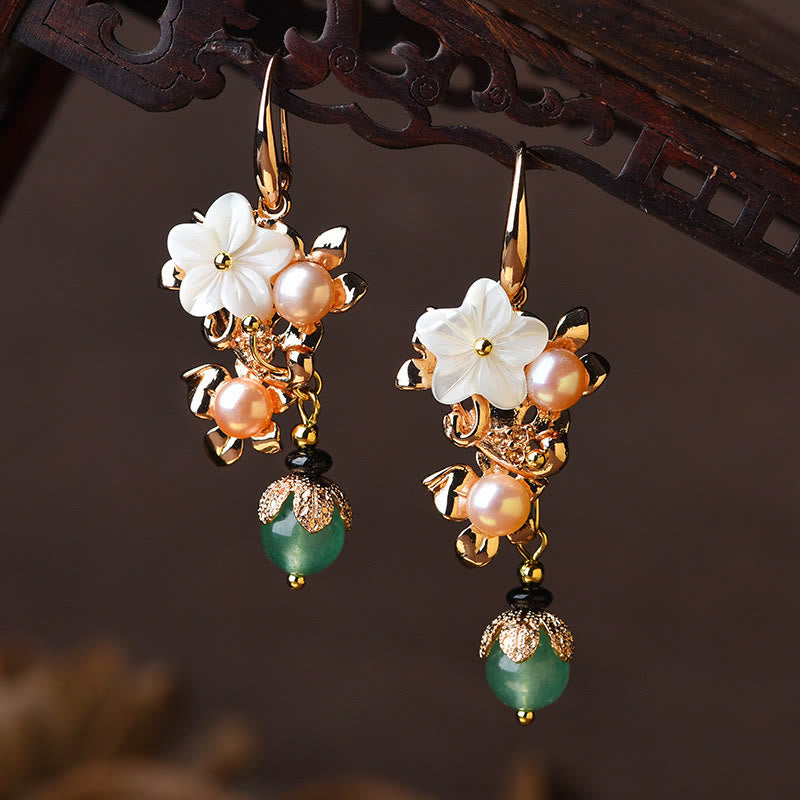 Buddha Stones 14k Gold Plated Tridacna Stone Flower Pearl Green Aventurine Bead Drop Earrings