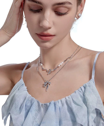 Silk Alloy Pearl Bow Pendant Necklace Two-piece Set