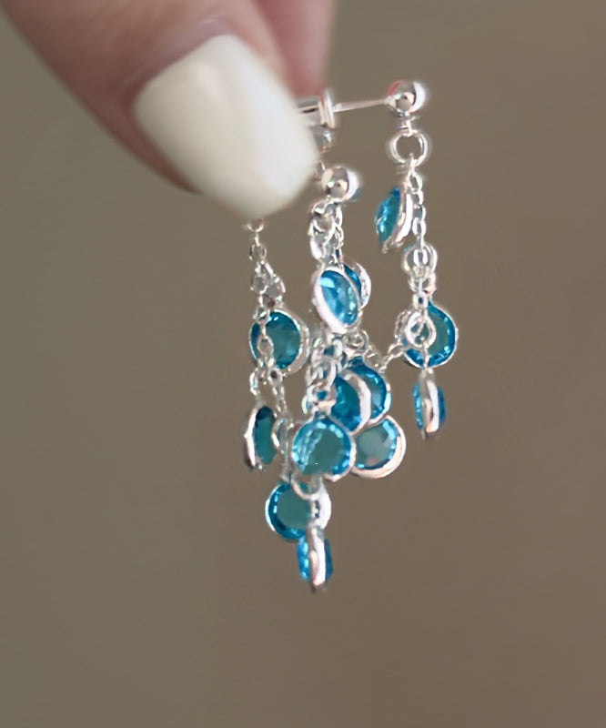 Blue Copper Crystal Bunch of Grapes Tassel Drop Earrings