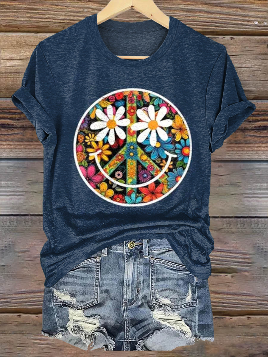 Hippie Floral Smile Art Print Casaul Short Sleeve T-shirt