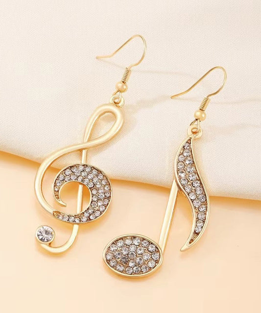 Gold Copper Overgild Zircon Asymmetrical Musical Note Drop Earrings