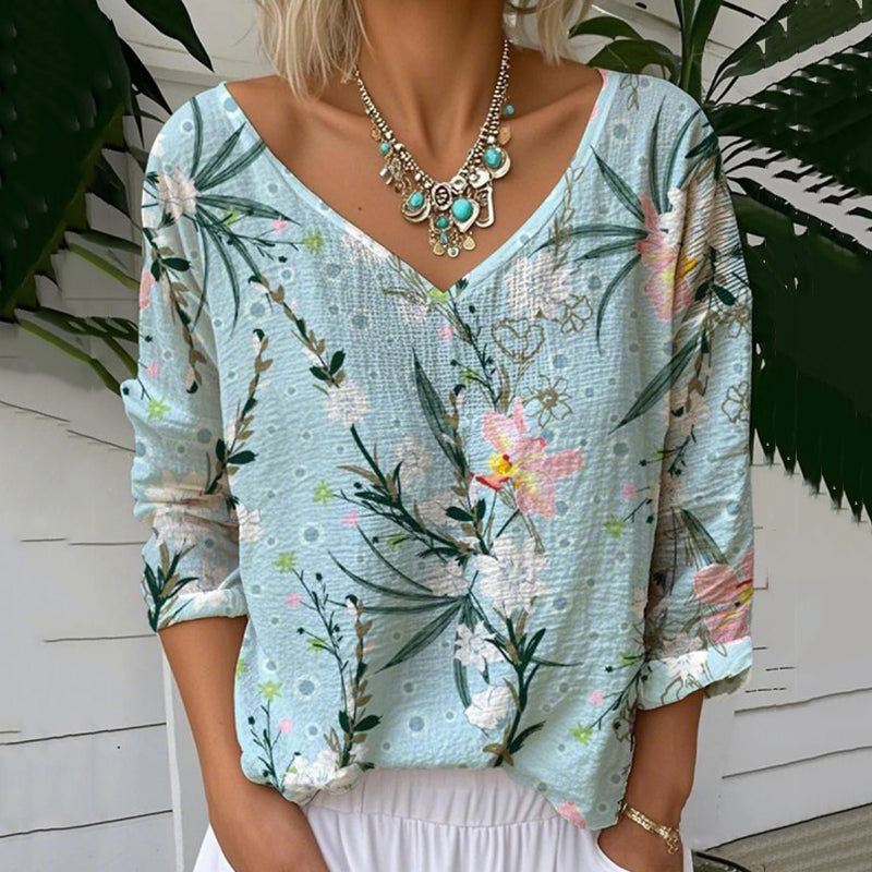 Floral Print V-neck Linen Blend Casual T-shirt artswardrobe