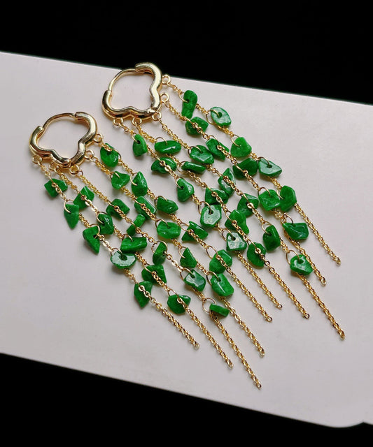 Green Sterling Silver 14k Gold Jade Tassel Drop Earrings