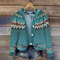 Retro Wave Print Hooded Button-Down Cardigan elevenforest