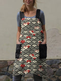Japanese Waves And Cats Pattern Linen Cross Back Apron elevenforest