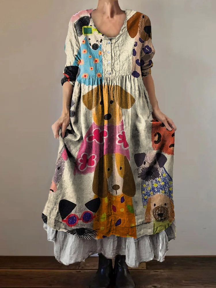 Women's Dog Pattern Art Print V-Neck Button Pocket Cotton Dress