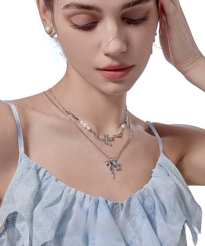 Silk Alloy Pearl Bow Pendant Necklace Two-piece Set