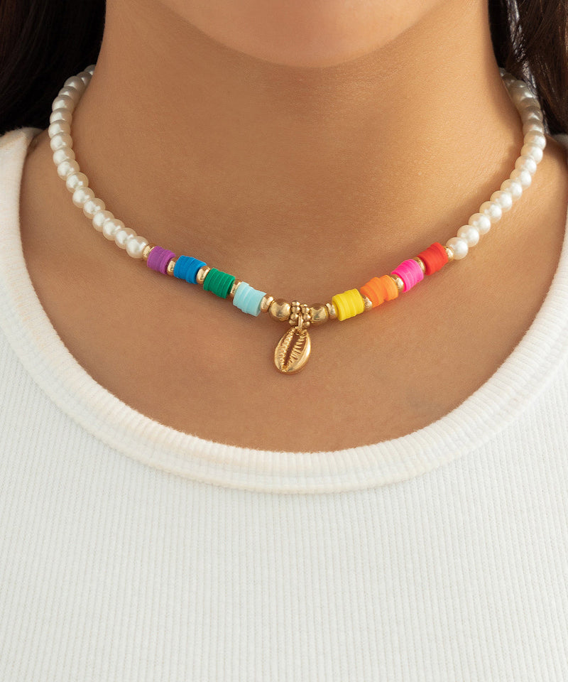 White Alloy Pearl Beading Shell Gratuated Bead Necklace