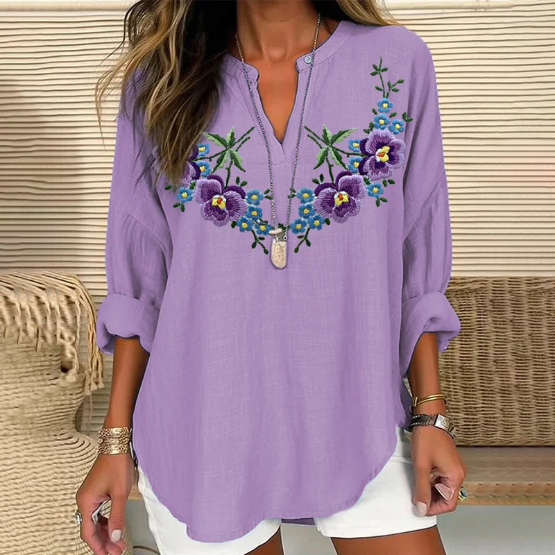 Comstylish Women's Purple Flower Art Print V Neck Long Sleeve Casual Shirt