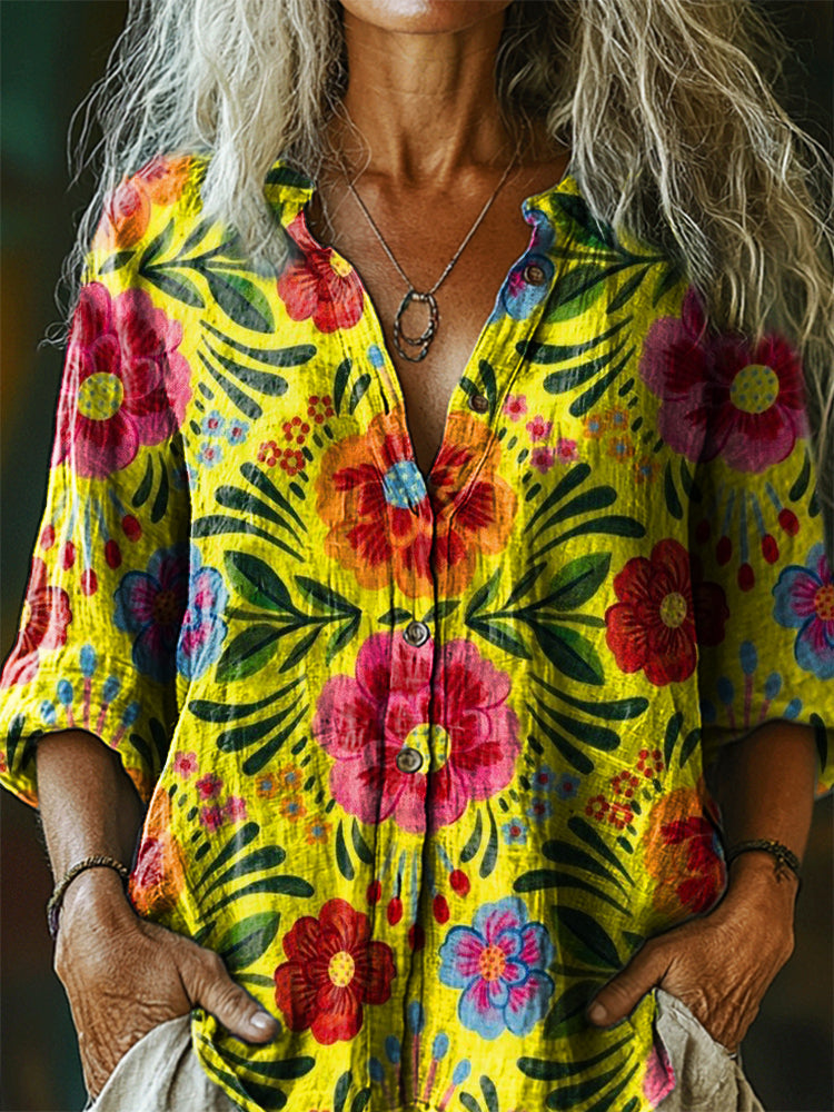 Women's Vintage Bohemian Floral Art Print Casual Cotton Linen Shirt