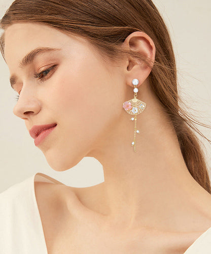 White Alloy Inlaid Crystal Pearl Asymmetricar Fan Shaped Drop Earrings