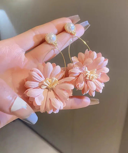 Pink Alloy Pearl Cloth Chrysanthemum Drop Earrings