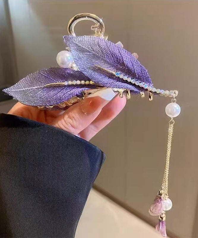 Purple Alloy Zircon Pearl Leaf Tassel Hairpin