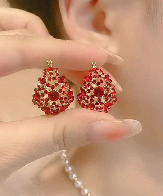 Red Copper Overgild Inlaid Zircon Hollow Out Water Dropstud Earrings