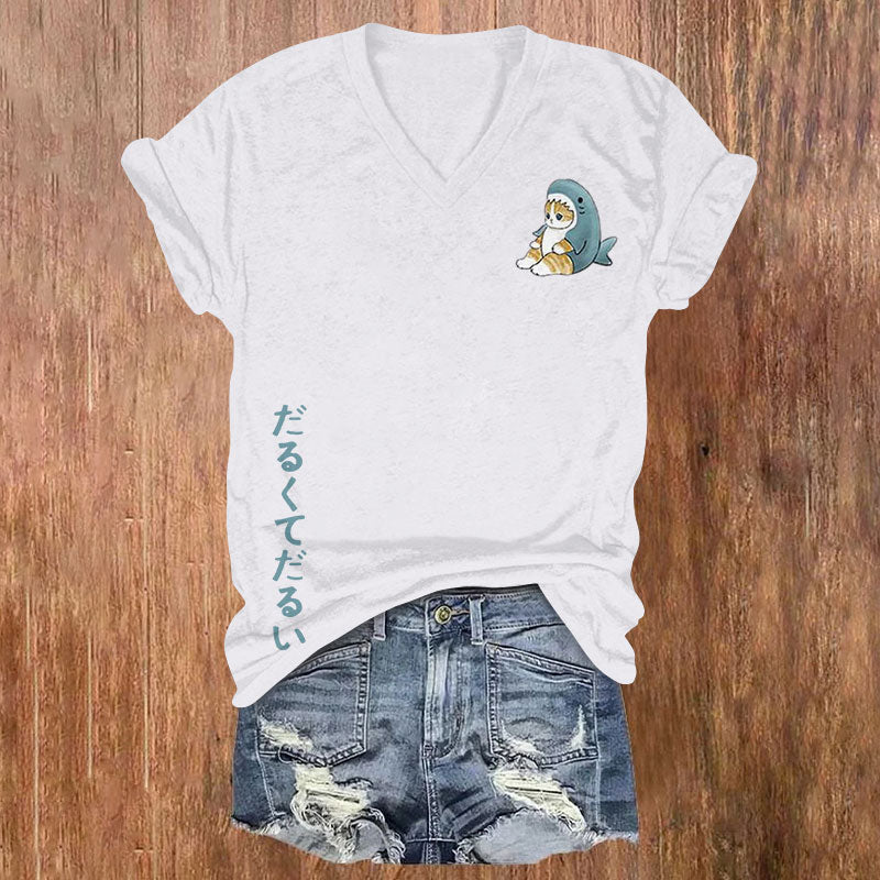 Japanese Cute Cat Print V-Neck Short Sleeves T-Shirt elevenforest