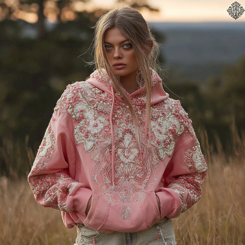 Comstylish Women's Pink Flower Embroidery Art Long Sleeve Hoodie