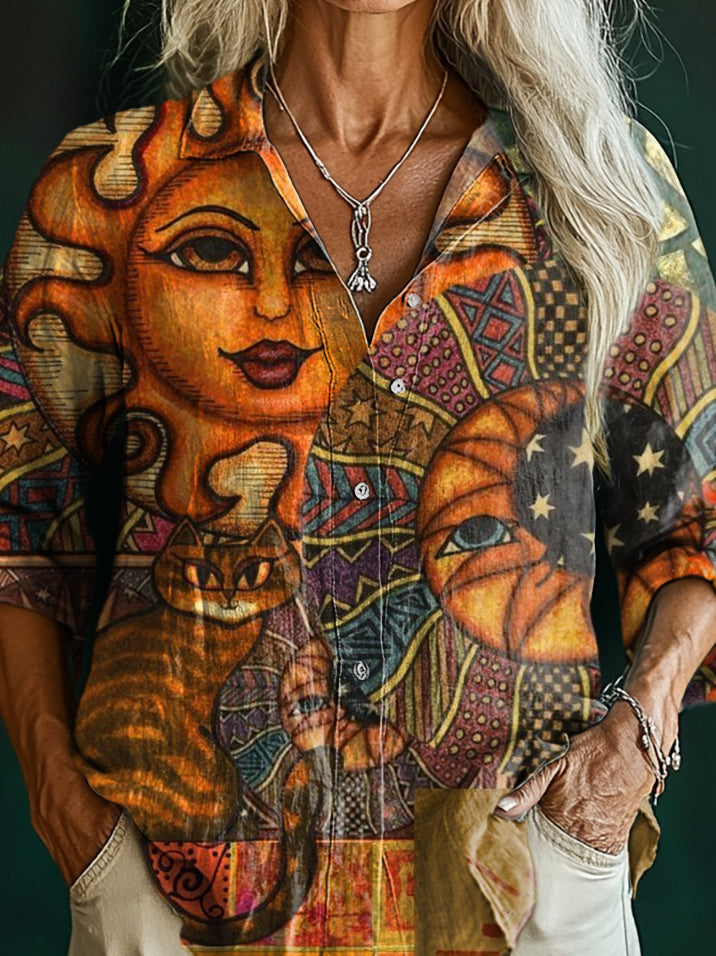 Women's Retro Ethnic Hippie Sun Art Pattern Print Casual Cotton Shirt