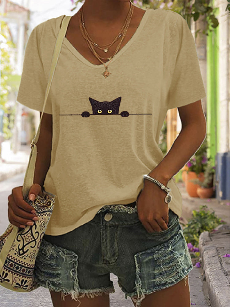 Women's Casual Black Cat Print T-shirt elevenforest