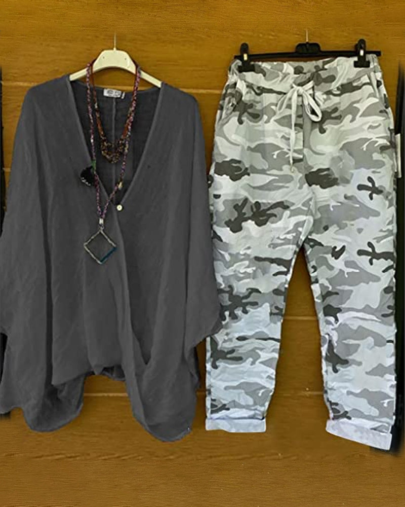 LM | Set of pants and blouse with camouflage pattern