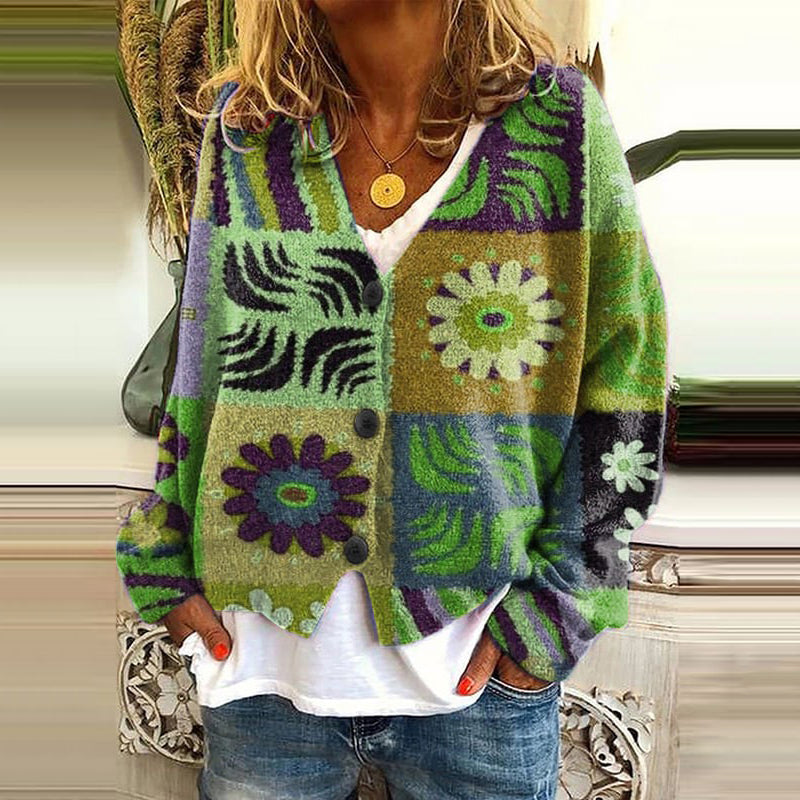 Vintage Printed V-Neck Long Sleeved Knitted Cardigan artswardrobe