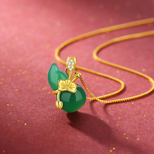 Buddha Stones Cyan Jade Gourd Lotus Leaf Abundance Pendant Necklace