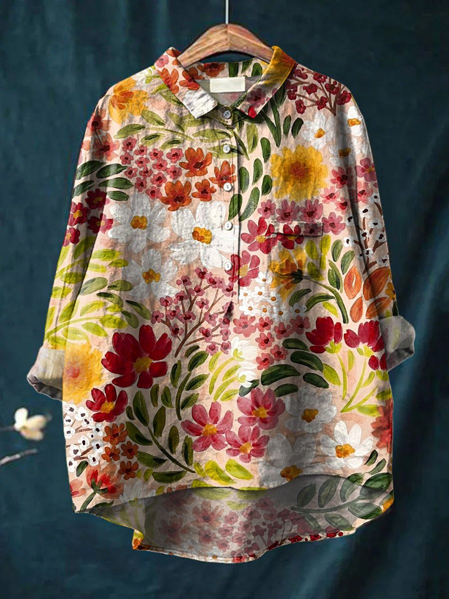 Women's Vintage Lovely Floral Art Print Casual Cotton And Linen Shirt