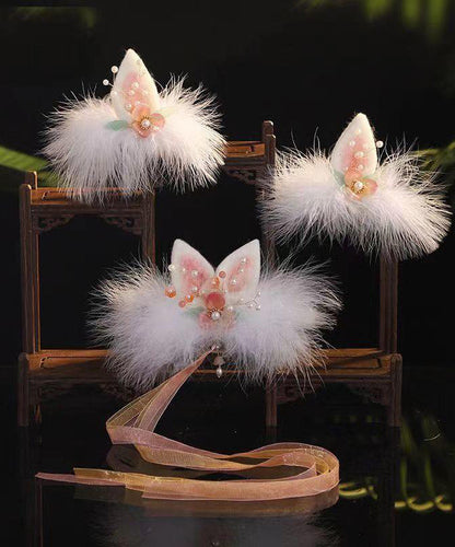 Watery Red Alloy Pearl Colored Glaze Cat's Ears Feather Hairpin and Ribbon Two-piece Set