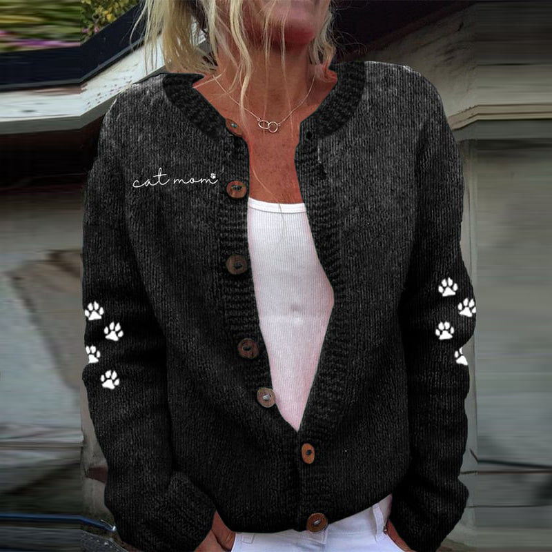 Cat Mom Print Knit Cardigan elevenforest