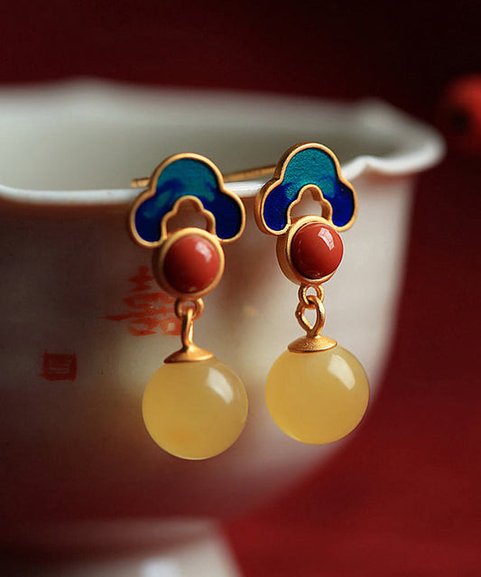 Yellow Sterling Silver Inlaid Auspicious Clouds Amber Stud Earrings
