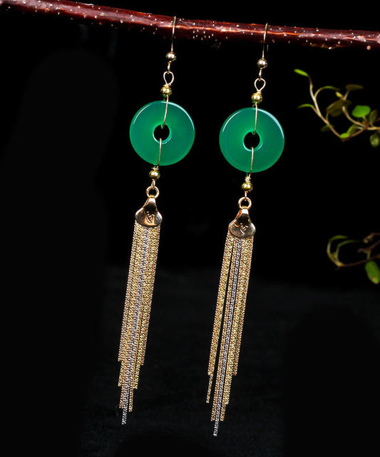 Green 14k Gold Ping Buckle Chalcedony Tassel Drop Earrings