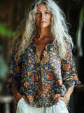 Comstylish Bohemian Style Holland Park Morris Floral Linen Print Long Sleeve Shirt