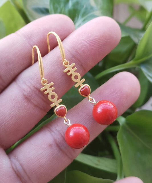 Red Cinnabar Sterling Silver Inlaid Agate Double Happiness Drop Earrings