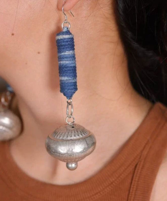 Blue Sterling Silver Tie Dye Cylinder Small Bell Drop Earrings