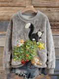 Comstylish Women's Christmas Cat Embroidery Art Comfort Plush Sweatshirt