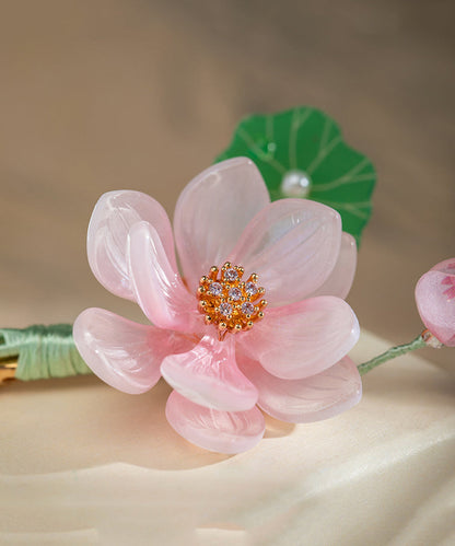 Pink Alloy Chiffon Colored Glaze Pearl Lotus Tassel Hairpin