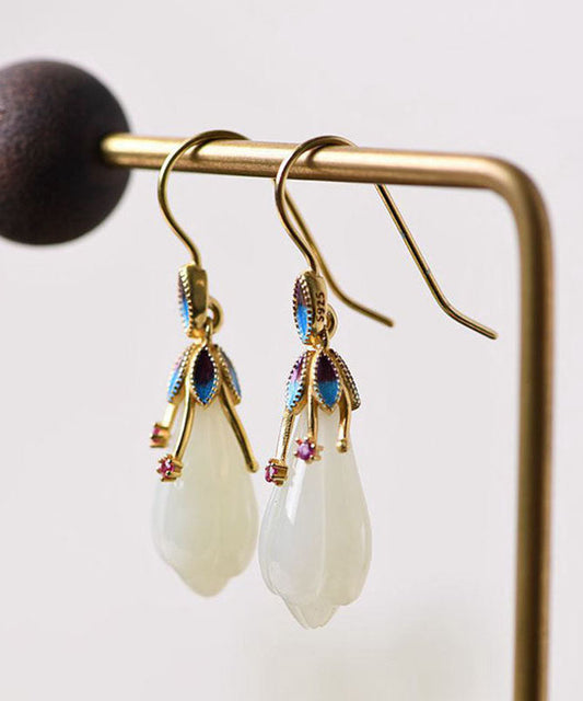 White Sterling Silver Overgild Inlaid Jade Cloisonne Orchid Drop Earrings