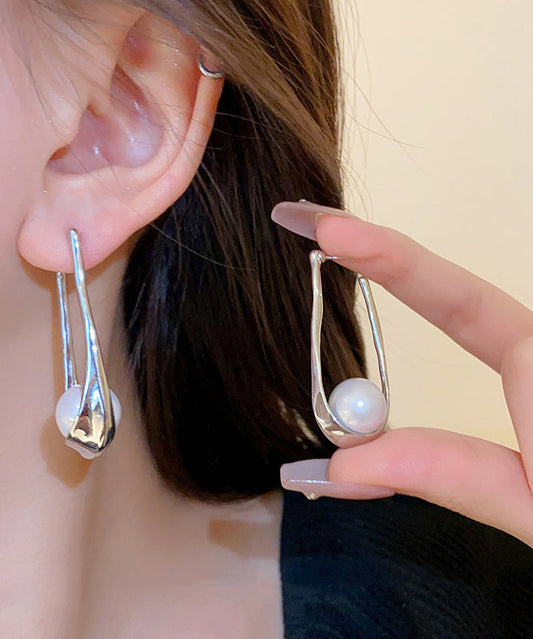 Diy Silk Alloy Pearl Asymmetrical U Shaped Hoop Earrings