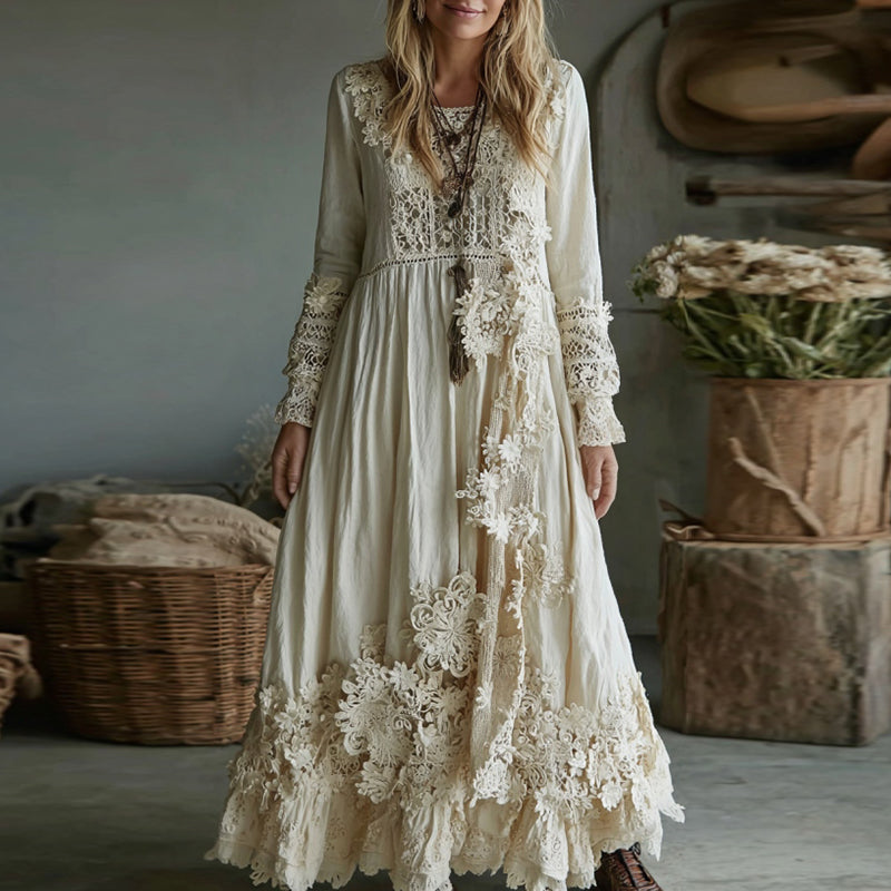 Women's Vintage Lace Floral Art Linen Flowy Maxi Dress elevenforest